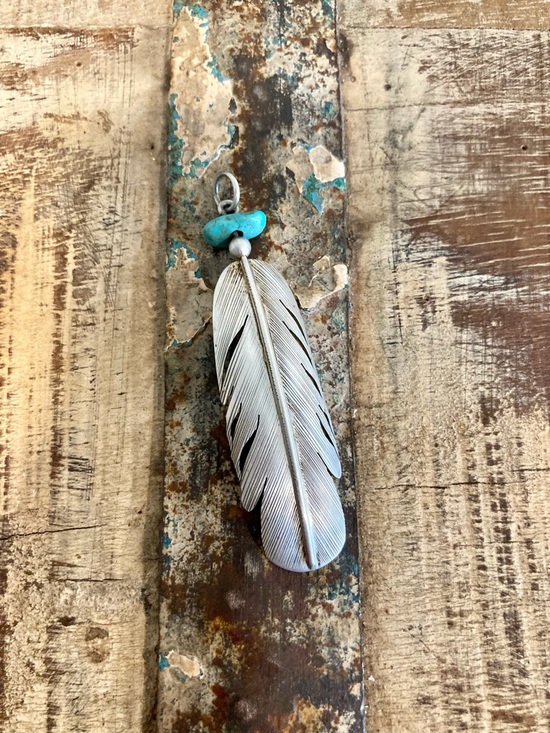 Vintage Sterling Silver HJ Chavez Signed Feather Pendant with Turquoise Accent - Picture 12 of 12